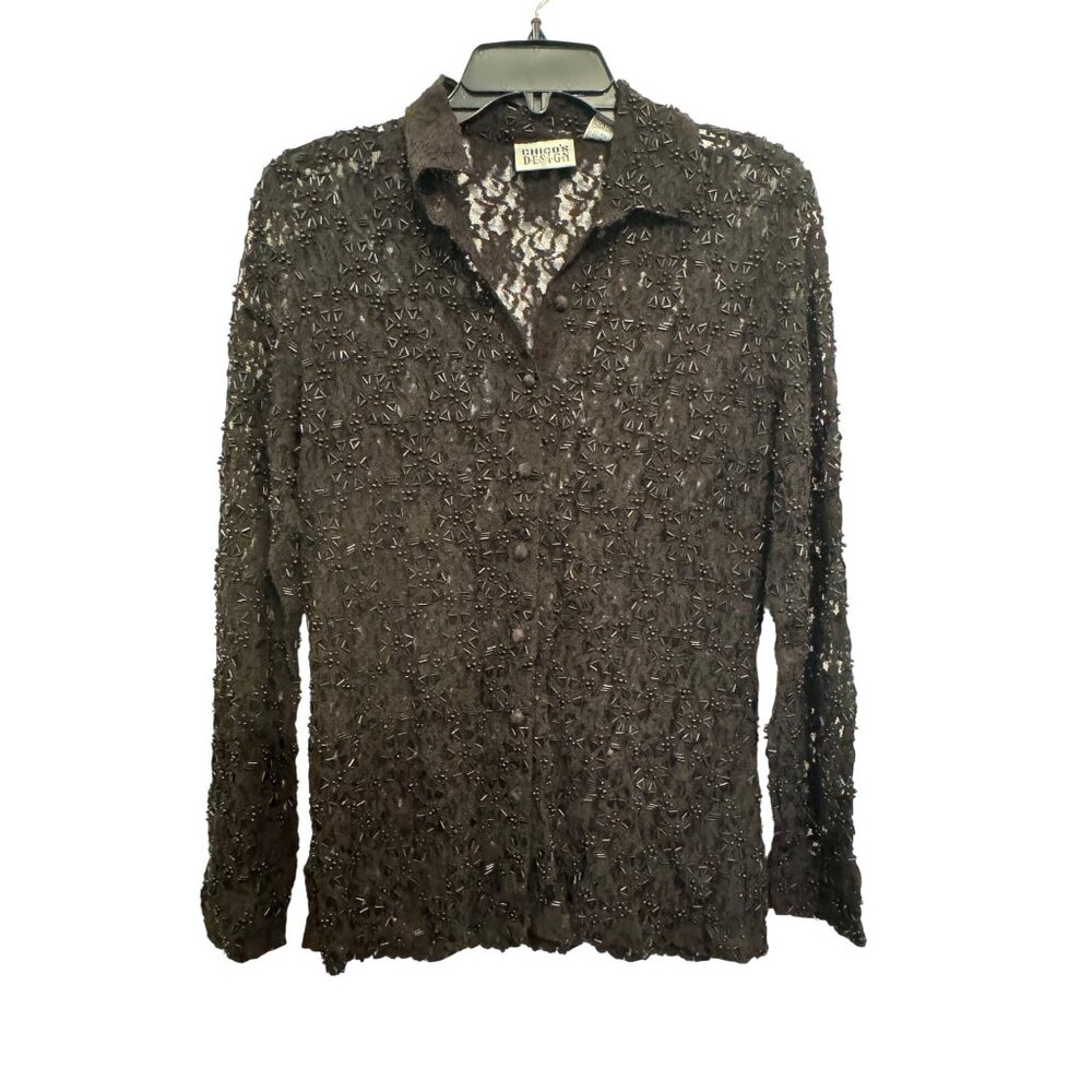 Chicos Design Black Lace Button-Up Top size 0 With Beaded Embellishments